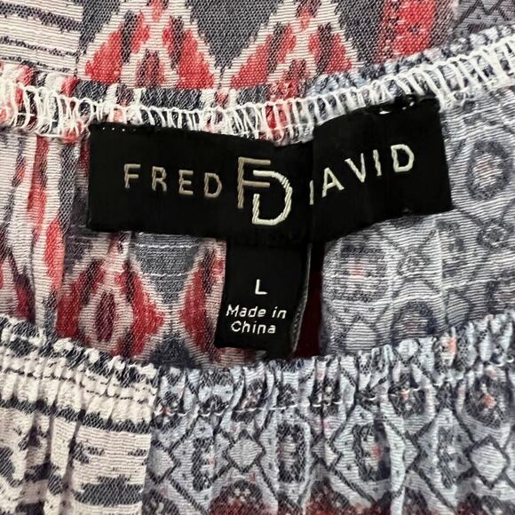 Fred David Womens Tunic Blouse Large Blue Pink Mixed Patchwork Print Bell Cuffs - Picture 5 of 7